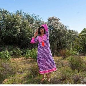 sz blockprints jodhpur dress bagru stamp gaze blue neon papaya, size small